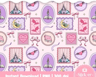 Romantasy Seamless Pattern: Romantasy Stamps, Romantasy Book Reader, Fantasy Romance Bookish Seamless Pattern, Dragons Bookish PNG