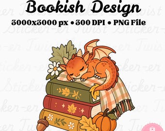 Libros de dragones de otoño PNG, imágenes prediseñadas de dragones lectores acogedores y lindos PNG, diseño de lectura de otoño para pegatinas y marcapáginas de uso comercial