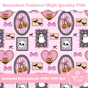 Op de afbeelding: Een naadloos Halloween-thema patroon in roze, met pompoenen, geesten, vleermuizen, strikken en schedels. Het ontwerp bevat ovale en hartvormige frames met decoratieve randen. De tekst "Seamless Pattern: High Quality PNG" en "Instant Download | PNG 300 dpi" zijn zichtbaar.
