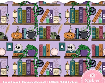 Halloween Bookish Seamless Pattern, Autumn Bookish, Spooky Bookshelf, Bookshelf Seamless Pattern for Sublimation, Bookmarks, Clothing