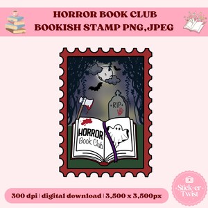 May include: A red postage stamp design with a horror theme. It features an open book with the words "HORROR Book Club", a ghost, an axe, and a tombstone. The background includes a moon, bats, and trees.