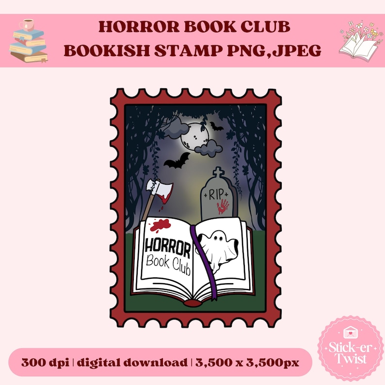 May include: A red postage stamp design with a horror theme. It features an open book with the words "HORROR Book Club", a ghost, an axe, and a tombstone. The background includes a moon, bats, and trees.