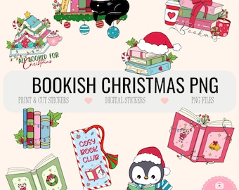 May include: A collection of Christmas-themed digital stickers featuring books, Santa hats, and festive decorations. The phrase "Bookish Christmas PNG" is prominently displayed, along with the text "All Booked for Christmas" and "Merry Christmas".