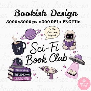 Peut inclure: Conception numérique avec des illustrations de science-fiction, dont une planète, un astronaute, des livres, un pistolet laser et un OVNI. Le texte indique "Bookish Design" et "Sci-Fi Book Club". Le design est en violet, noir et blanc.