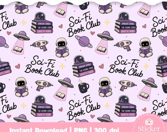 Sci-Fi Book Club Muster: Science Fiction, Sci-Fi Reader, Bookish Seamless File für Sublimation, Lesezeichen, Booktrope Seamless File