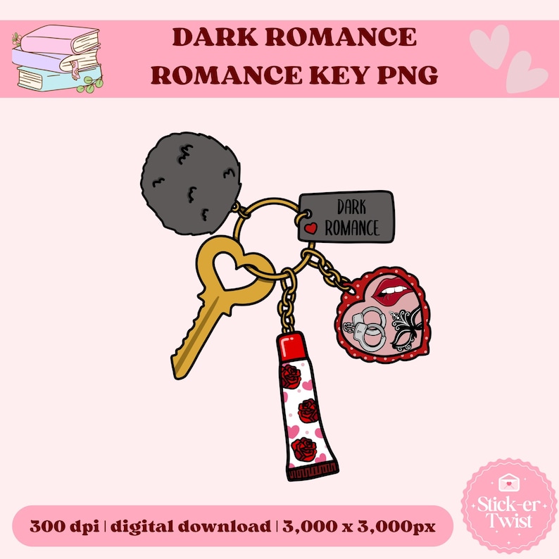 May include: A keychain featuring a gold key, a dark grey pom-pom, and various charms. Charms include a tag with "DARK ROMANCE", a lipstick tube with rose designs, and a heart-shaped charm with lips, rings, and a mask. The text "DARK ROMANCE ROMANCE KEY PNG" is at the top.