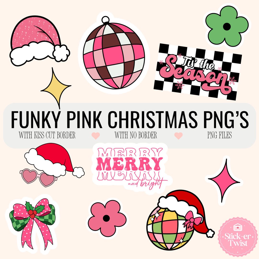 Funky Pink Christmas Sticker Bundle PNG, Festive Pink Retro Digital ...