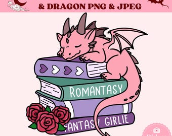 Romantasy-boekenstapel, leesgrage draak en boeken png, fantasie romantiek leesgrage download, leesgrage png, bladwijzers, digitale romantiek sticker