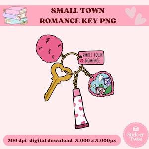 May include: A keychain featuring a gold key, a pink pom-pom, and a charm with the text "SMALL TOWN ROMANCE". The keychain also includes a charm with a heart-shaped design and a tube with pink hearts. The background is pink.