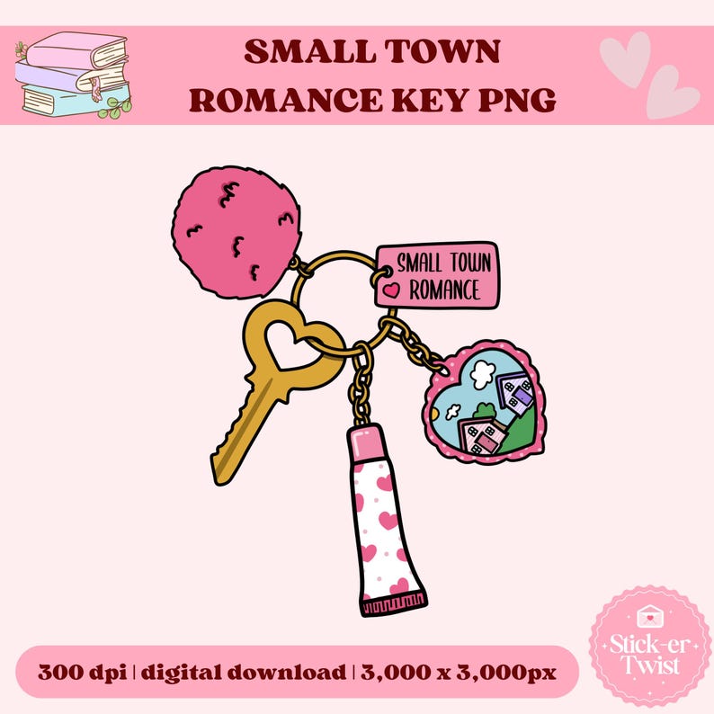 May include: A keychain featuring a gold key, a pink pom-pom, and a charm with the text "SMALL TOWN ROMANCE". The keychain also includes a charm with a heart-shaped design and a tube with pink hearts. The background is pink.