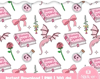 Fantasy Reader Seamless Pattern: Romantasy Seamless File, Romantasy Book Pattern, Fantasy Bookish Seamless Pattern, Dragons Bookish PNG