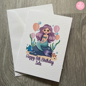 Carte de joyeux anniversaire sirène, carte d'anniversaire d'âge personnalisée, carte d'anniversaire de sirène mignonne, carte de sirène personnalisée, anniversaire de fille
