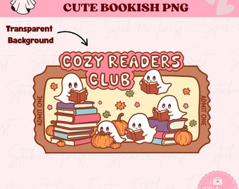 Cosy Readers Club png: schattige spooklezing Halloween leesgrage digitale download png voor boekenliefhebbers, Kindle-stickers, sublimatie DTF