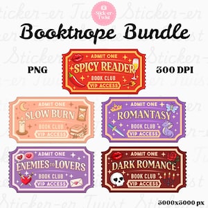 Könnte beinhalten: Ein Bundle digitaler Ticketdesigns mit dem Text "Booktrope Bundle". Jedes Ticket hat ein anderes Thema: "Spicy Reader", "Slow Burn", "Romantasy", "Enemies to Lovers" und "Dark Romance". Die Tickets sind in verschiedenen Farben und enthalten Illustrationen.