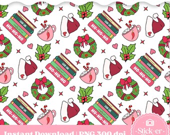 May include: A seamless Christmas-themed pattern featuring festive elements on a white background. The design includes Santa hats, holly, wreaths, books with "Good Girl" and "Ho-Ho-Ho" text, and pink mugs with candy canes. The pattern is labeled "Instant Download | PNG 300 dpi".