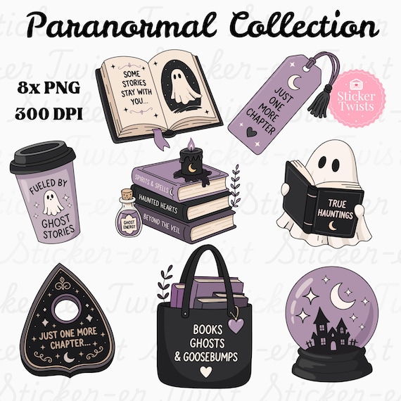 Paranormal Bookish PNG Bundle (8 Designs) | Ghost Reader Stickers | Spooky Book Club Aesthetic | Witchy PNG Pack | Paranormal Bookclub