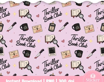 Thriller Book Club Nahtloses Muster PNG, Gemütliches Geheimnis-Digitalpapier, Buchliebhaber-Sublimationsdesign, gruseliges niedliches Reader-Muster