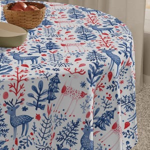 Swedish Folk Art Christmas Tablecloth – Nordic Red White Holiday Dining Room Decor – Scandinavian Winter Table Linen