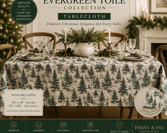 Evergreen Toile Weihnachtliche Tischdecke | Elegante Urlaub Tischdecke | Baumwolltwill oder Polyester | Zeitloses Weihnachtsdekor