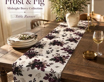 Dark Berry Botanical Table Runner | Moody Autumn Dining Decor | Midnight Berry
