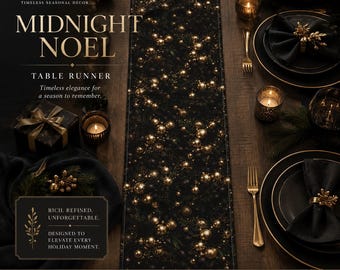 Caminho de mesa Midnight Noel | Decoração de mesa natalina de luxo em preto e dourado