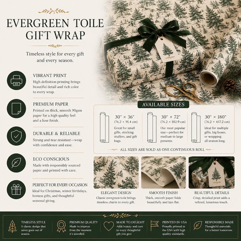 May include: Evergreen toile gift wrap featuring a dark green pine tree pattern on cream paper. The set includes a roll of paper, a dark green ribbon, and a gift tag. Available sizes include 30 inches by 36 inches, 30 inches by 72 inches, and 30 inches by 180 inches.