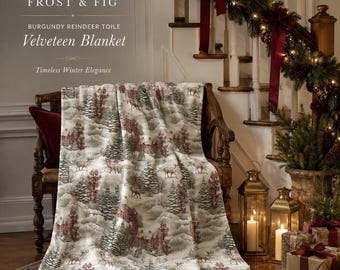 Burgundy Reindeer Toile Velveteen Blanket, Christmas Throw, Winter Estate Decor