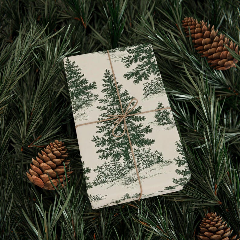 Evergreen Toile Christmas Wrapping Paper, Luxury Winter Forest Gift Wrap image 10