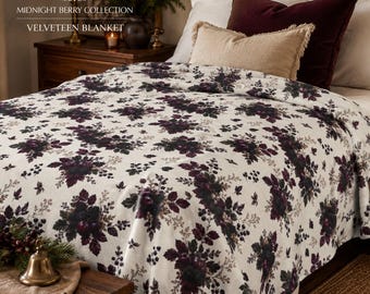 Dark Berry Botanical Blanket | Moody Plum Cottage Throw | Midnight Berry