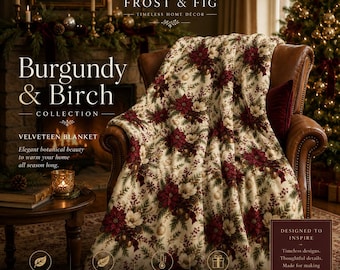Burgundy & Birch Velveteen Blanket, Autumn Throw, Cozy Fall Blanket