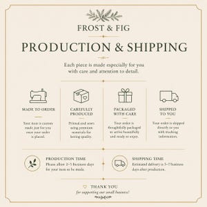 May include: A cream-colored informational graphic titled FROST & FIG PRODUCTION & SHIPPING. It outlines business processes with icons for a sewing machine, box, gift, and truck, detailing production and shipping times in business days.