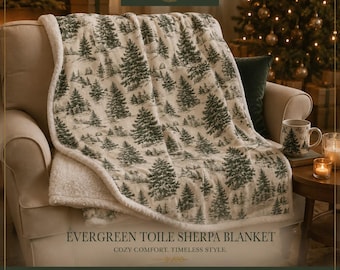 Evergreen Toile Sherpa Blanket, Cozy Christmas Throw, Winter Forest Decor