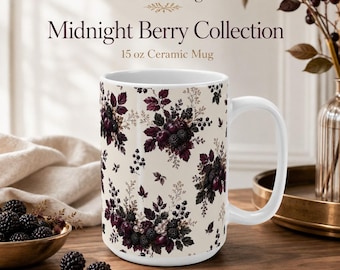 Dark Berry Botanical Mug | Blackberry Plum Cottage Coffee Cup | Midnight Berry