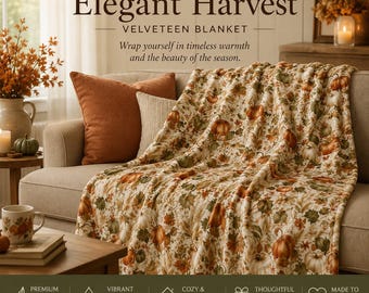 May include: A velveteen blanket featuring a repeating pattern of pumpkins, gourds, and autumn leaves in shades of orange, green, and brown. The text on the image reads Frost & Fig Elegant Harvest Velveteen Blanket, Wrap yourself in timeless warmth and the beauty of the season, Premium Velveteen, Vibrant Design, Cozy & Versatile, Thoughtful Gift, Made to be Loved.
