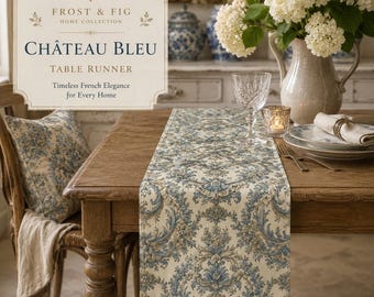 Blue French Toile Table Runner | French Country Table Runner | Cotton Farmhouse Table Linen