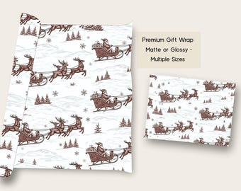 Rollo de papel de regalo navideño vintage con estampado de Papá Noel: Trineo y renos