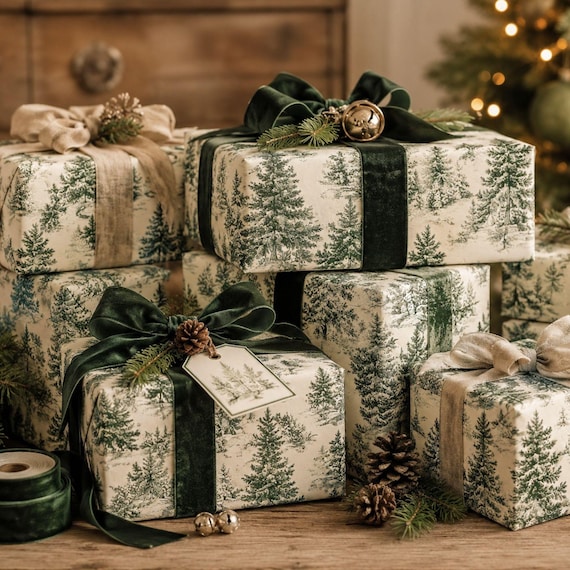 Evergreen Toile Christmas Wrapping Paper, Luxury Winter Forest Gift Wrap