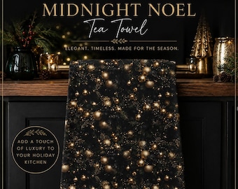 Midnight Noel Tea Towel, Black Gold Christmas Kitchen Towel, Holiday Kitchen Decor