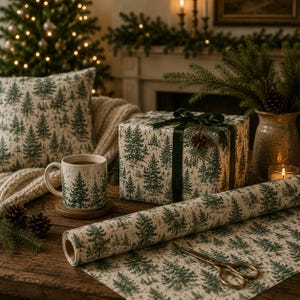 May include: A ceramic mug and a gift box wrapped in cream-colored paper with a green pine tree pattern. A roll of matching wrapping paper lies in the foreground next to a pair of gold scissors. The mug sits on a wooden coaster on a dark table.
