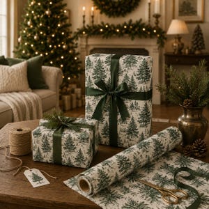 Evergreen Toile Christmas Wrapping Paper, Luxury Winter Forest Gift Wrap image 2
