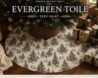 Evergreen Toile Christmas Tree Skirt, Farmhouse Holiday Decor