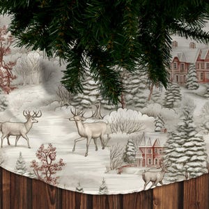 Jupe de sapin de Noël forêt enneigée - Cerf des bois, Noël rustique (44 po.)
