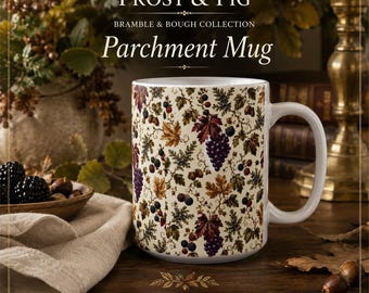 Bramble & Bough Parchment White Ceramic Mug, Woodland Coffee Cup, 15 oz Mug