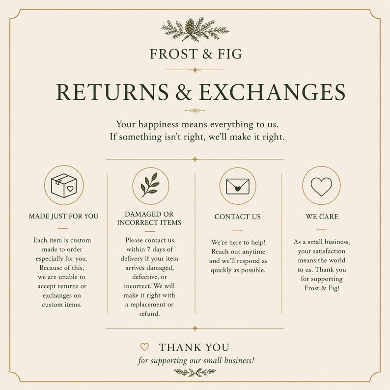 May include: A cream-colored informational card titled RETURNS & EXCHANGES by Frost & Fig. It features dark green text, icons for custom orders, damaged items, contact, and care, with a pine branch graphic at the top and bottom of the page.
