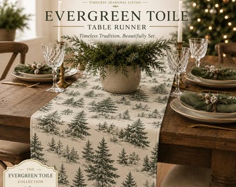 Evergreen Toile Table Runner, Christmas Table Runner, Green Toile Runner, Farmhouse Christmas Decor, Cotton Twill Table Runner