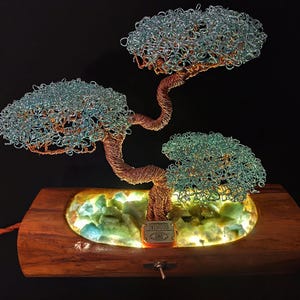 Wire Tree &quot;The Sentinel of the Savanna&quot; Bonsai Art Illuminated Aquamarine Gemstones