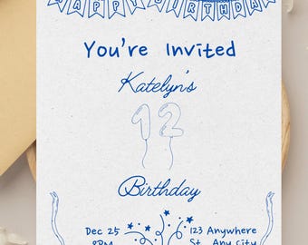 Royal Blue Minamalist Bow 12th Birthday Invitation