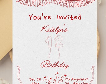 Red Minamalist Bow 12th Birthday Invitation