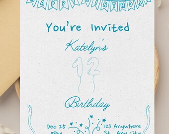 Teal Minamalist Bow 12th Birthday Invitation