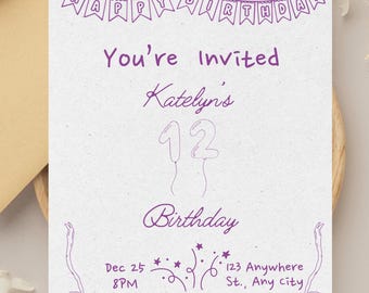 Purple Minamalist Bow 12th Birthday Invitation